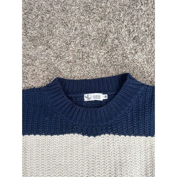 Carve Designs Organic Cotton/Wool Striped Chunky Knit Sweater Navy/Cream XL - Picture 3 of 8